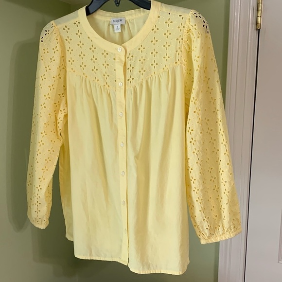J. Crew Factory Tops - Jcrew Factory Yellow Button Down Blouse with Eyelet Long Sleeves size Small